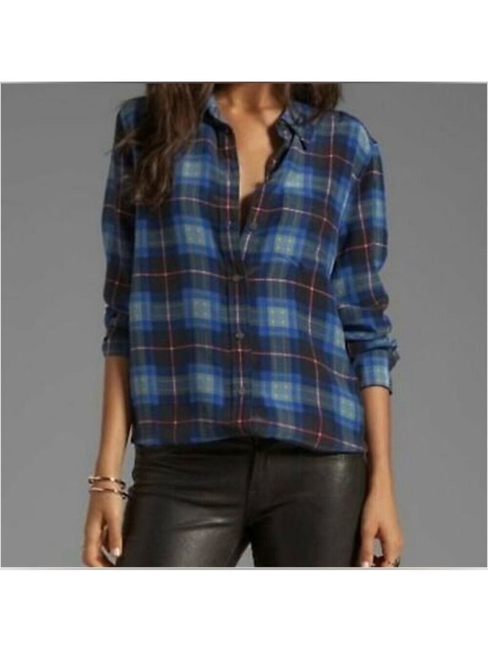 Equipment signature silk blue red plaid button down blouse top XS